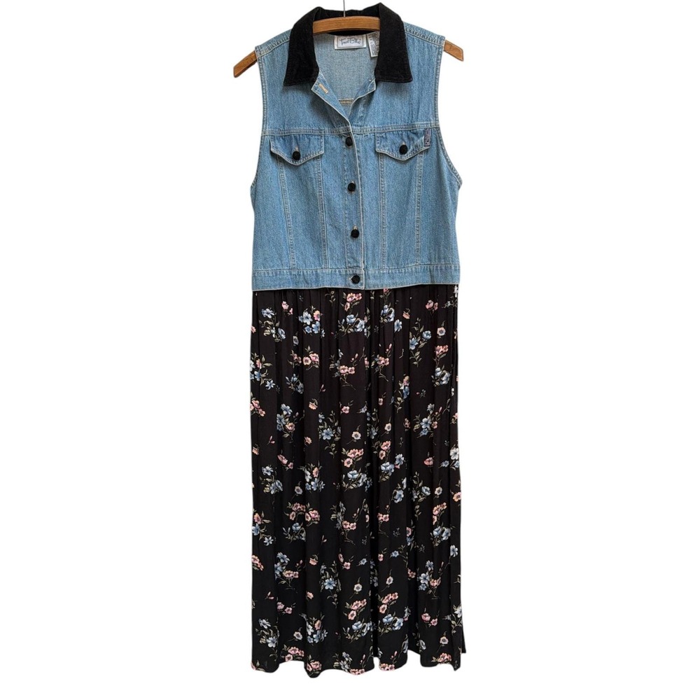 True Blue Vintage 90s Denim Floral Maxi Dress Sleeveless Velvet Collar Medium - Picture 2 of 10